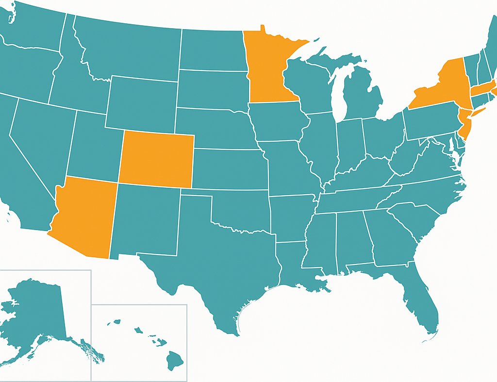 Map of the United States highlighting states that tax Social Security benefits in orange